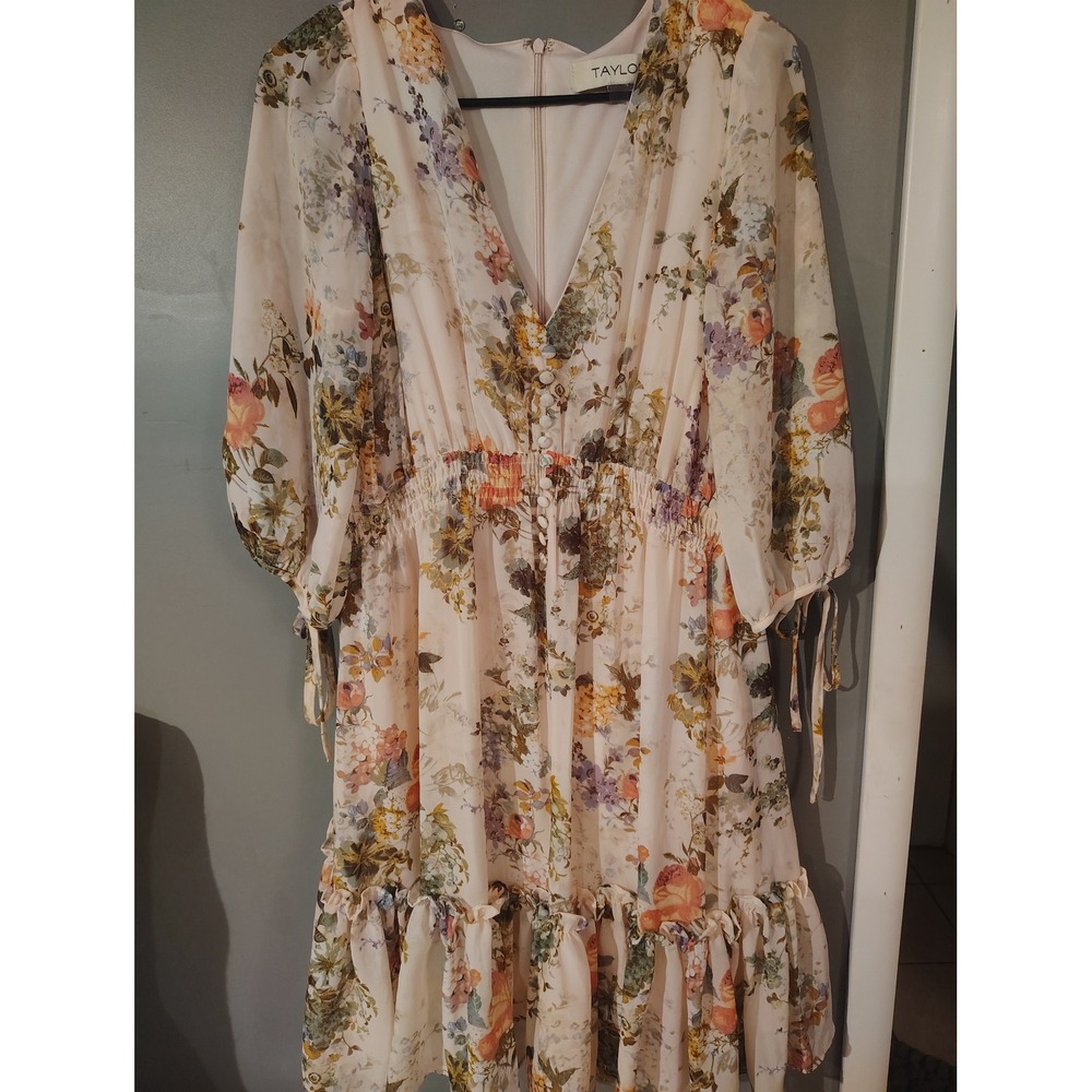 Taylor Floral Chiffon Midi Dress V-Neck Smocked Waist Tie Sleeve Cream Pink 10